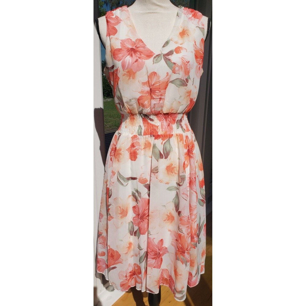 Kate and Lily Midi Dress Sz 10 Smocked Waist Sheer Lined Floral Cottage Prairie